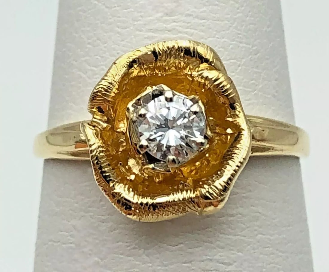 14K YELLOW GOLD, FLOWER ROSE RING WITH 0.20CT VS1 NATURAL DIAMOND SIZE: 6 (1 of 2)