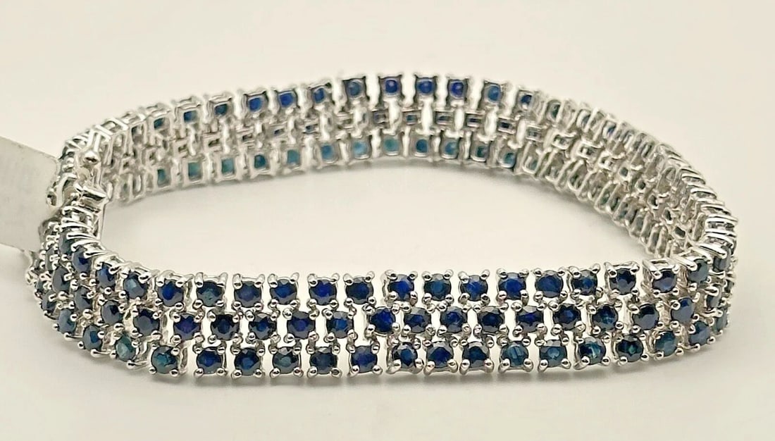 925 STERLING SILVER BRACELET WITH 2.28CTS OF NATURAL SAPPHIRES 8" 27.3 GRAMS (1 of 2)