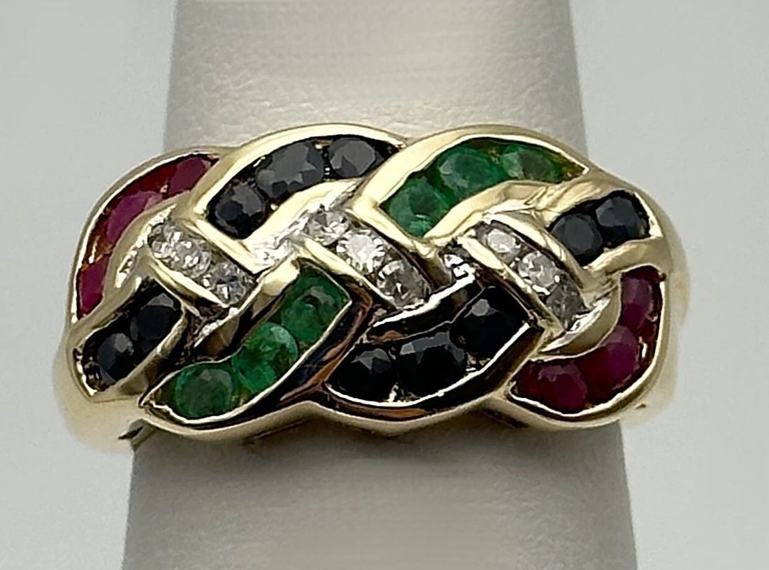 14K GOLD RING WITH ALL RUBIES, SAPPHIRES, EMERALDS, 0.13CTS OF DIAMONDS (1 of 2)