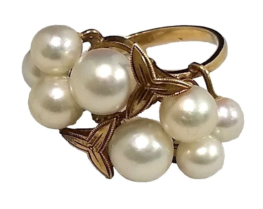 14K GOLD FLORAL CLUSTER RING WITH WHITE PEARLS SIZE: 5 4.7G (1 of 2)