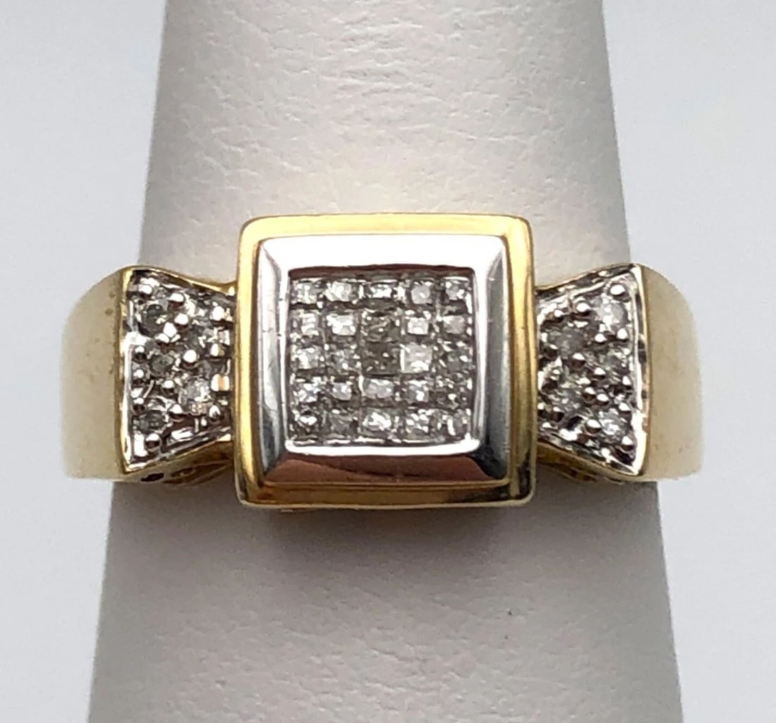 14K GOLD SQUARE HEAD, BOW TIE SHAPED RING SET WITH 0.30CTS OF DIAMONDS SIZE: 7 (1 of 2)