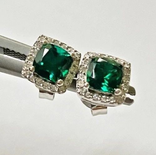 14K WHITE GOLD EARRINGS, LAB CREATED EMERALDS, 0.13CTS OF NATURAL DIAMONDS 2.5G (1 of 2)