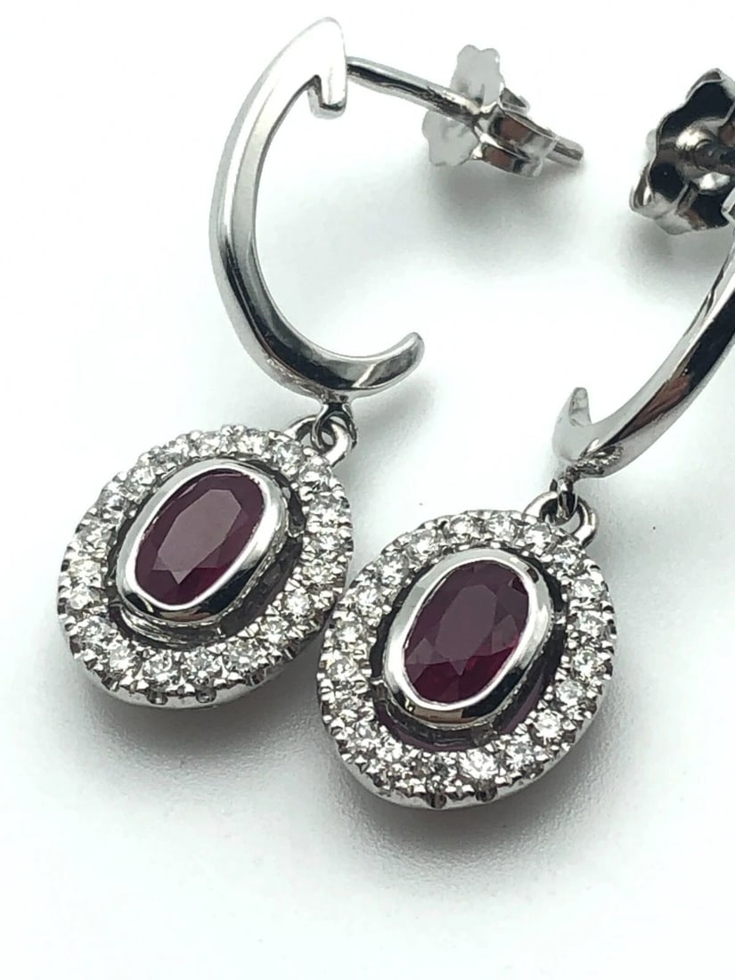14K WHITE GOLD DANGLE EARRINGS, NATURAL RUBIES AND 0.30CTS OF DIAMONDS 2.6G (1 of 2)