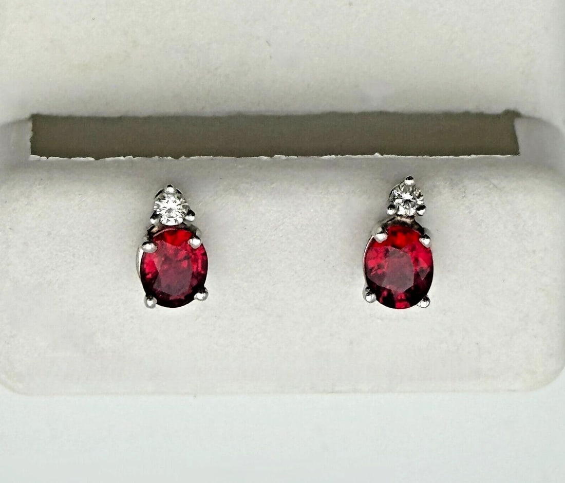14K WHITE GOLD EARRINGS WITH RUBIES & 0.04CTS OF DIAMONDS 0.8 GRAMS (1 of 2)
