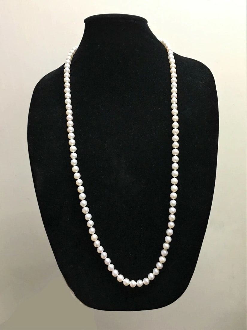 WHITE PEARL LONG NECKLACE WITH 14K GOLD BALL CLASP (35.5" INCHES LONG) (1 of 2)