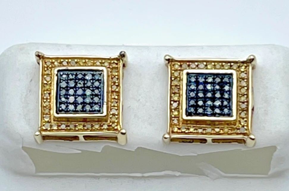 10K YELLOW GOLD SQUARE EARRINGS WITH 0.35CTS OF BLUE & YELLOW DIAMONDS 3G (1 of 2)