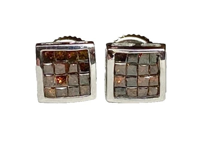 14K WHITE GOLD EARRINGS WITH ORANGE PRINCESS CUT DIAMONDS 1.8G: 14K WHITE GOLD EARRINGS WITH ORANGE PRINCESS CUT DIAMONDS 14k White Gold Earrings with Orange Princess Cut Diamonds You are bidding on pre-owned 14k White Gold Earrings with Orange Princess Cut Diamon
