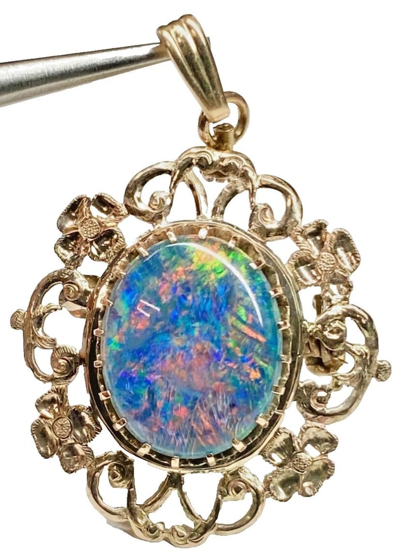 14K YELLOW GOLD PENDANT / PIN BROOCH WITH 14MM X 11MM OPAL TRIPLET 3.9G (1 of 2)