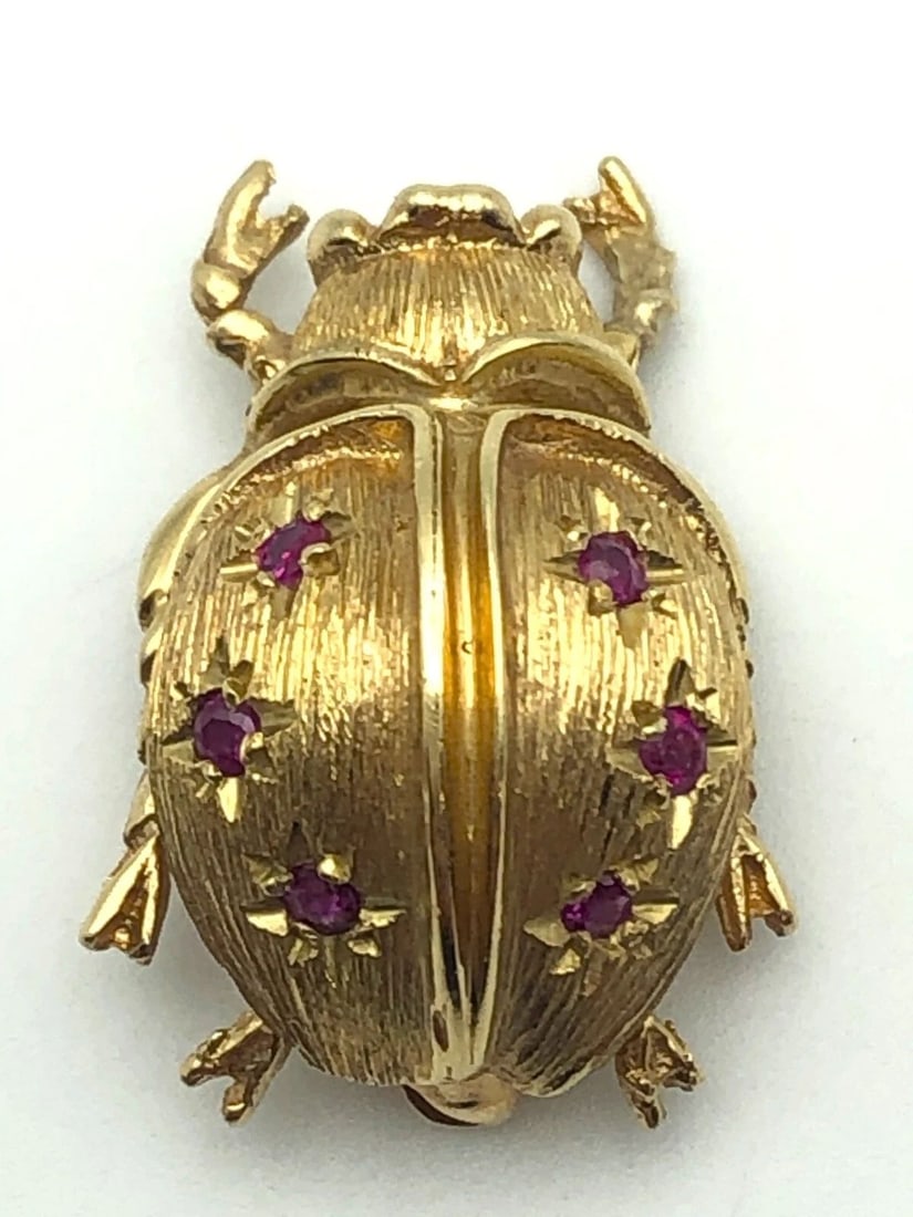 VINTAGE 14K GOLD BEETLE PIN / BROOCH SET WITH 6 NATURAL RUBIES 5 GRAMS (1 of 2)