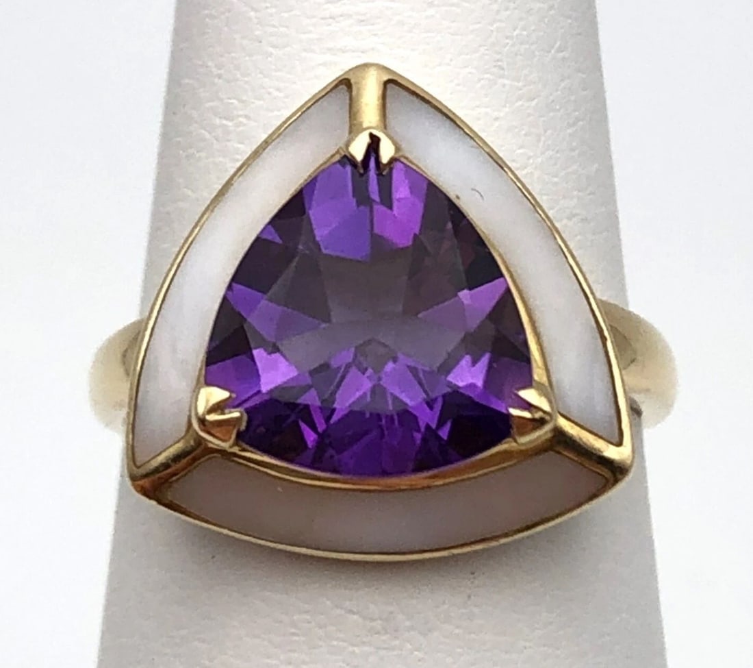 14K GOLD TRILLION SHAPED RING WITH AMETHYST AND MOTHER OF PEARL INLAY (1 of 2)