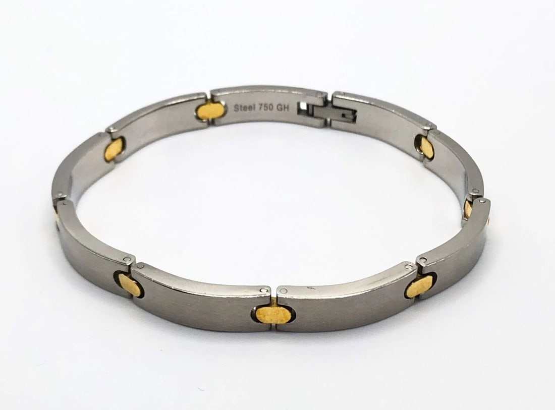 STAINLESS STEEL BRACELET WITH 18K GOLD ACCENTS 8 INCHES 27.9G TOTAL (1 of 2)