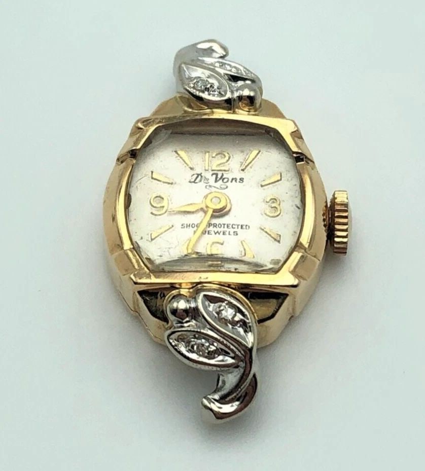 DEVONS 14K GOLD CASE WITH 0.04CT OF DIAMONDS, 17 JEWELS MOVEMENT NO BAND (1 of 2)