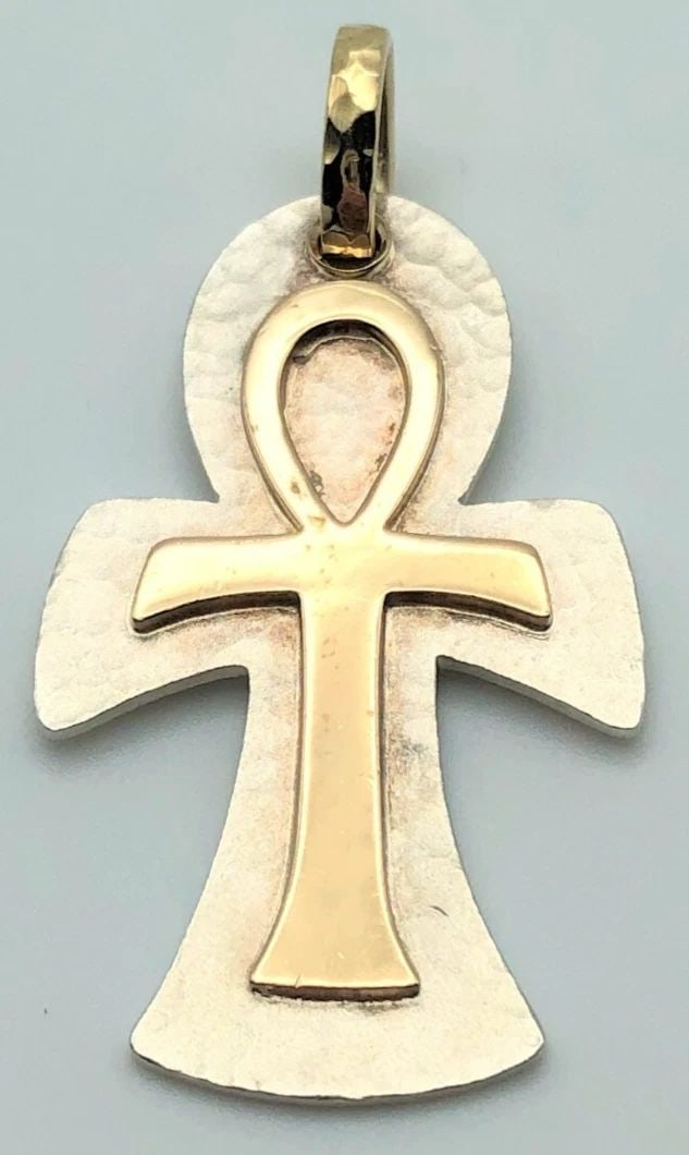 STERLING SILVER ANKH CROSS PEDANT WITH 14K GOLD OVERLAID ANKH ON TOP 8.4G (1 of 2)