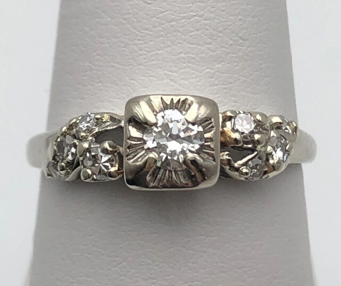 ANTIQUE 14K WHITE GOLD RING WITH 0.40CTS DIAMONDS SIZE: 8 2.1G (1 of 2)