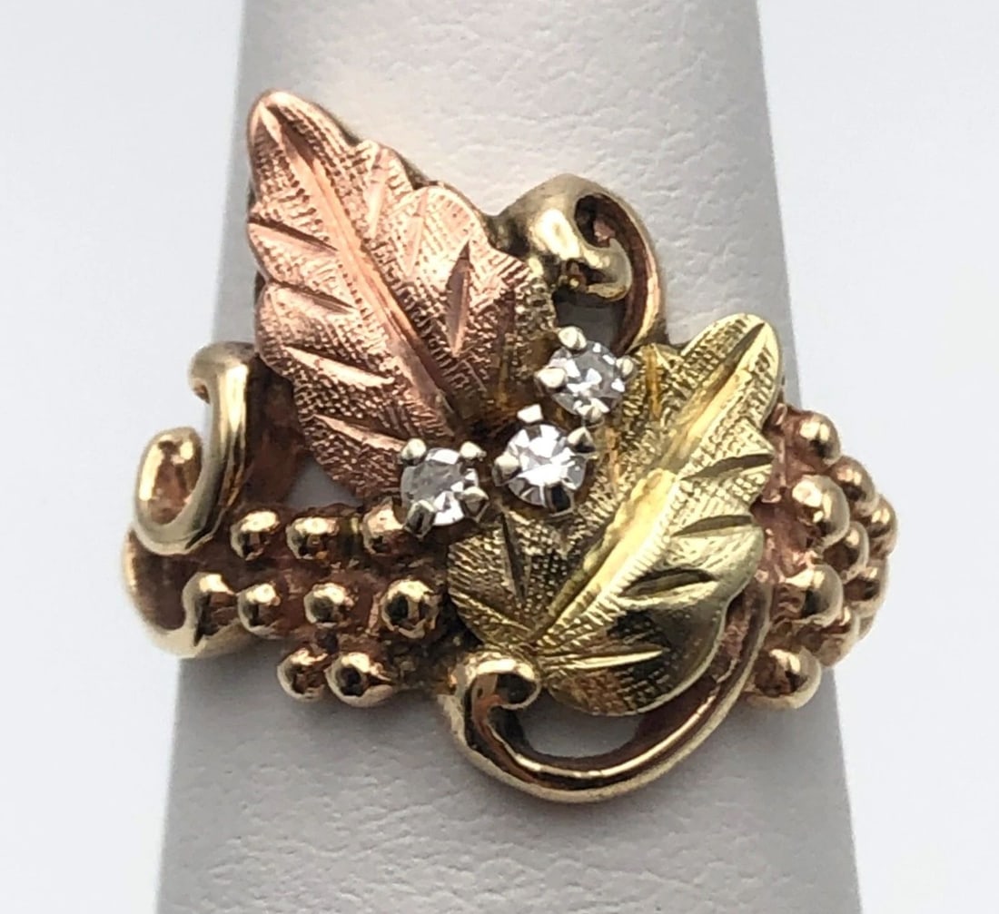 10K GOLD RING WITH 12K BLACK HILLS GOLD GRAPE VINE STYLE WITH 0.09CTS DIAMONDS (1 of 2)