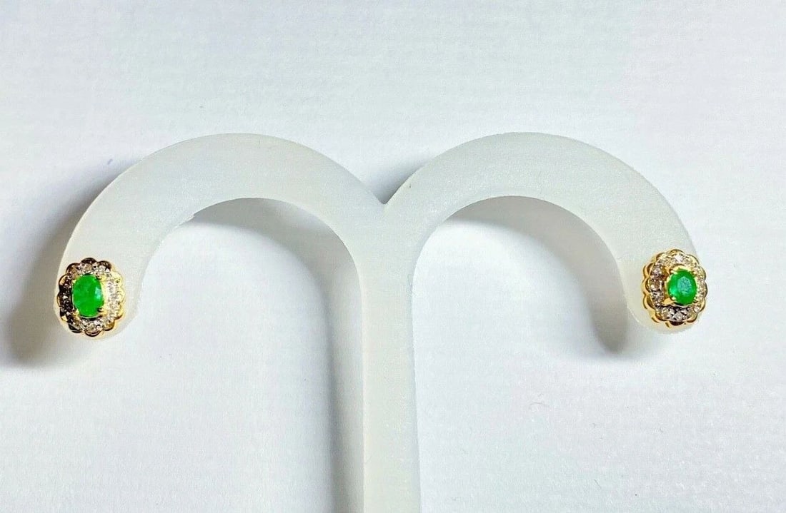 14K YELLOW GOLD OVAL SHAPED EARRINGS WITH OVAL EMERALD AND 0.15CTS DIAMONDS (1 of 2)