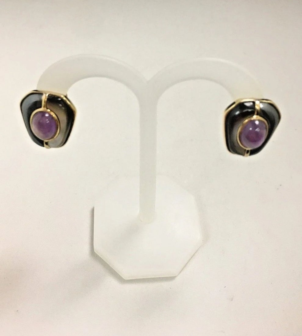 KYLO 925 SILVER EARRINGS GOLD FILLED WITH AMETHYST AND SHELL (1 of 2)