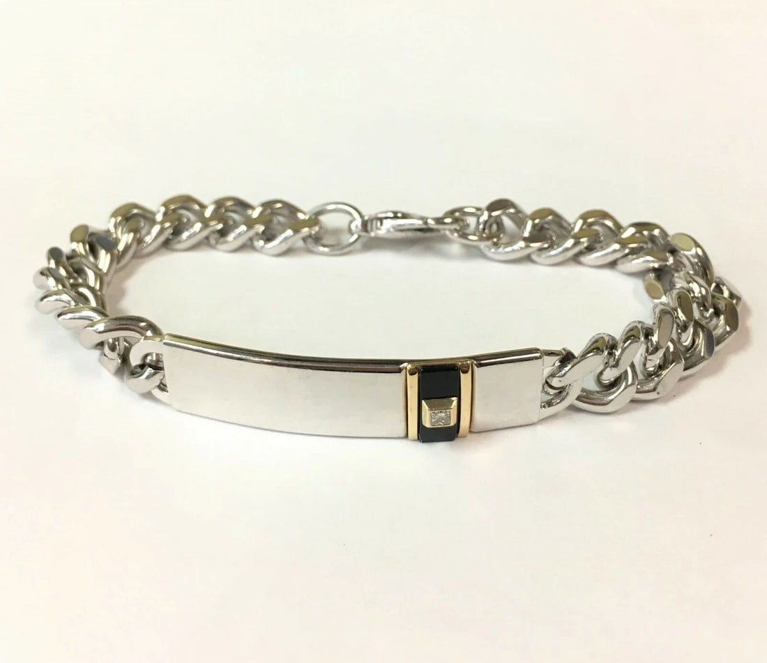 STERLING SILVER ID BRACELET WITH A DIAMOND, BLACK ONYX AND 14K YELLOW GOLD 8.5IN (1 of 2)