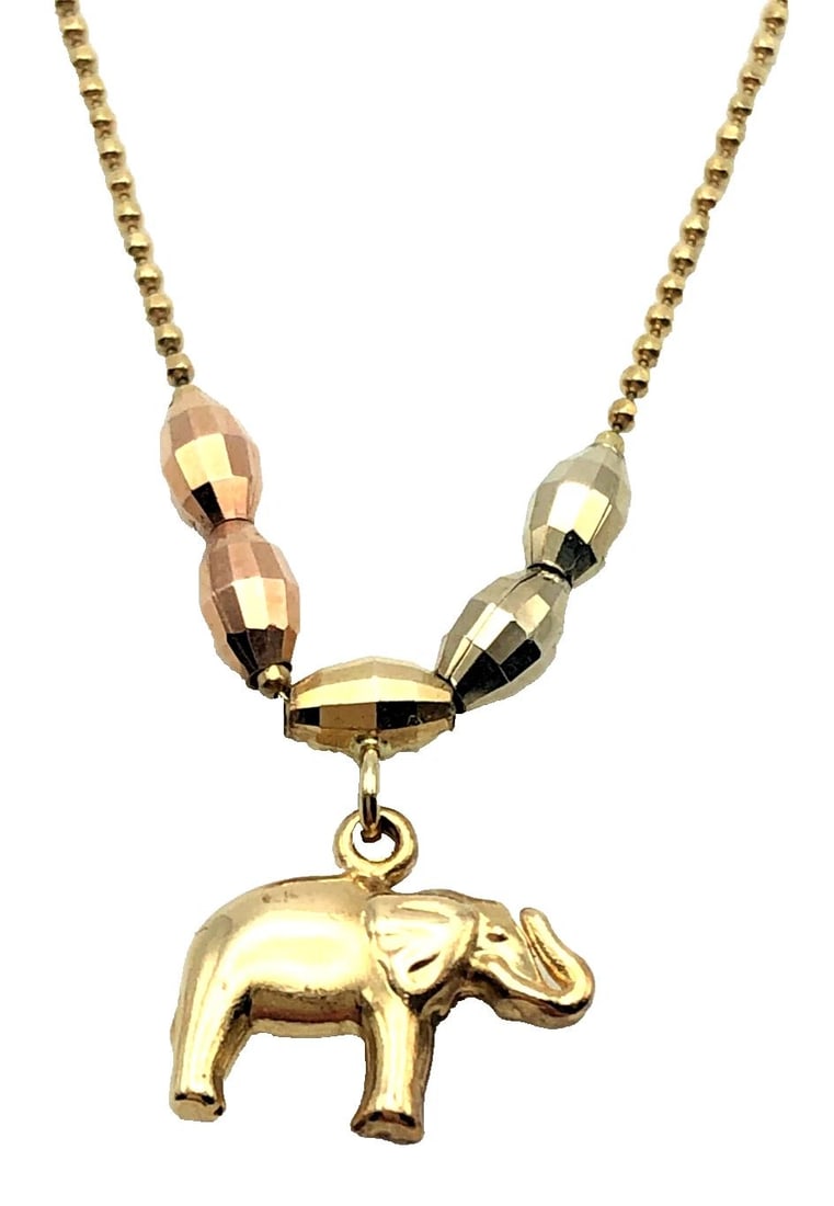 14K YELLOW GOLD NECKLACE, THREE TONED BEADS, ELEPHANT CHARM 17 INCHES 3.9G (1 of 2)