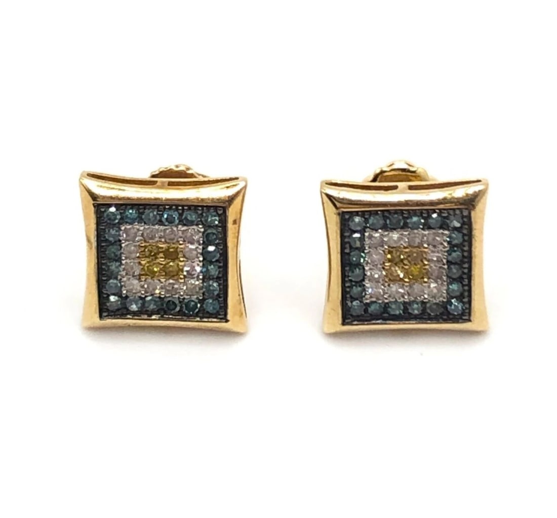 10K GOLD SQUARE EARRINGS SET WITH 0.45CT OF WHITE, BLUE, YELLOW DIAMONDS (1 of 2)