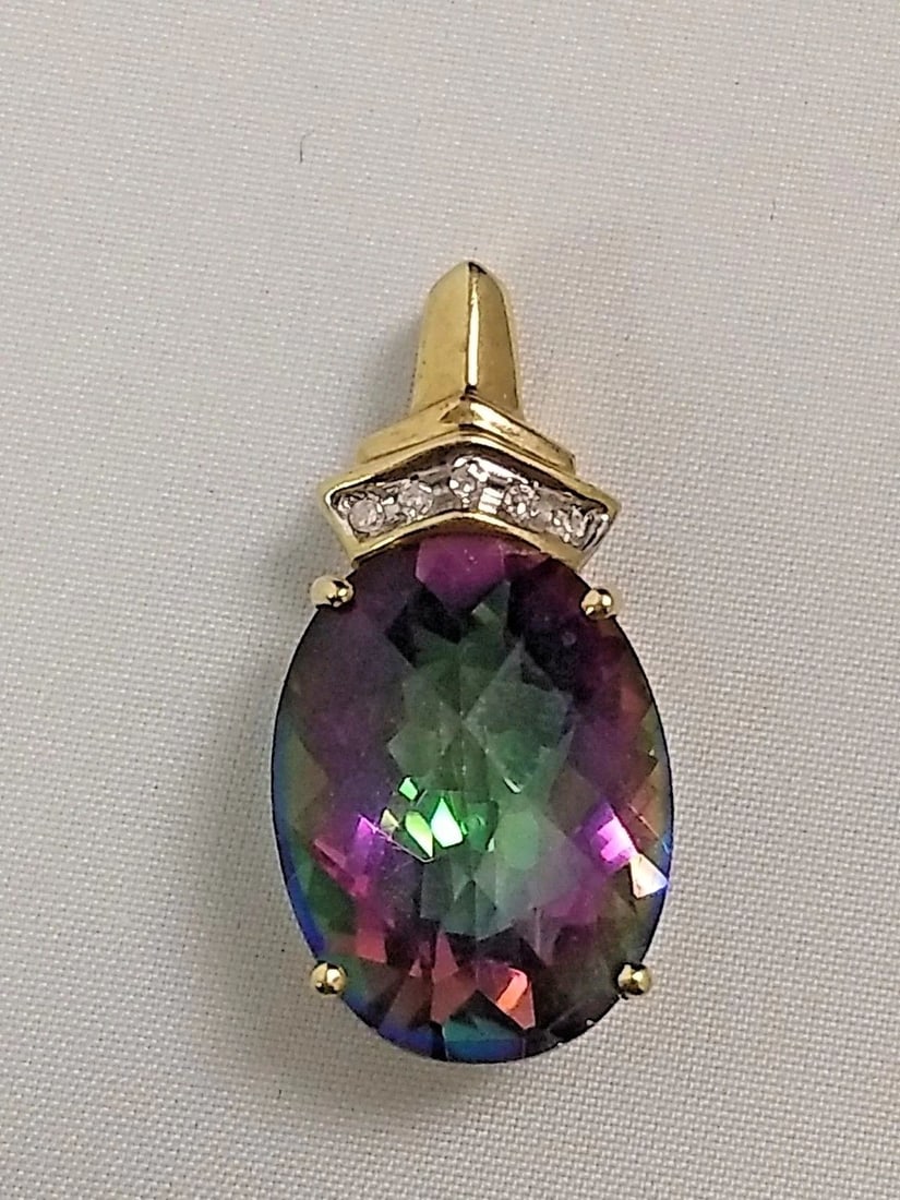 10K GOLD, MYSTIC TOPAZ, AND DIAMOND PENDANT (1 of 2)