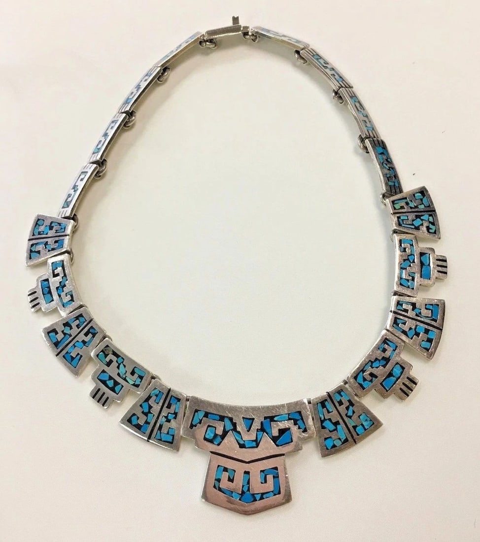 STERLING SILVER NECKLACE WITH INLAYED TURQUOISE 17" (1 of 2)