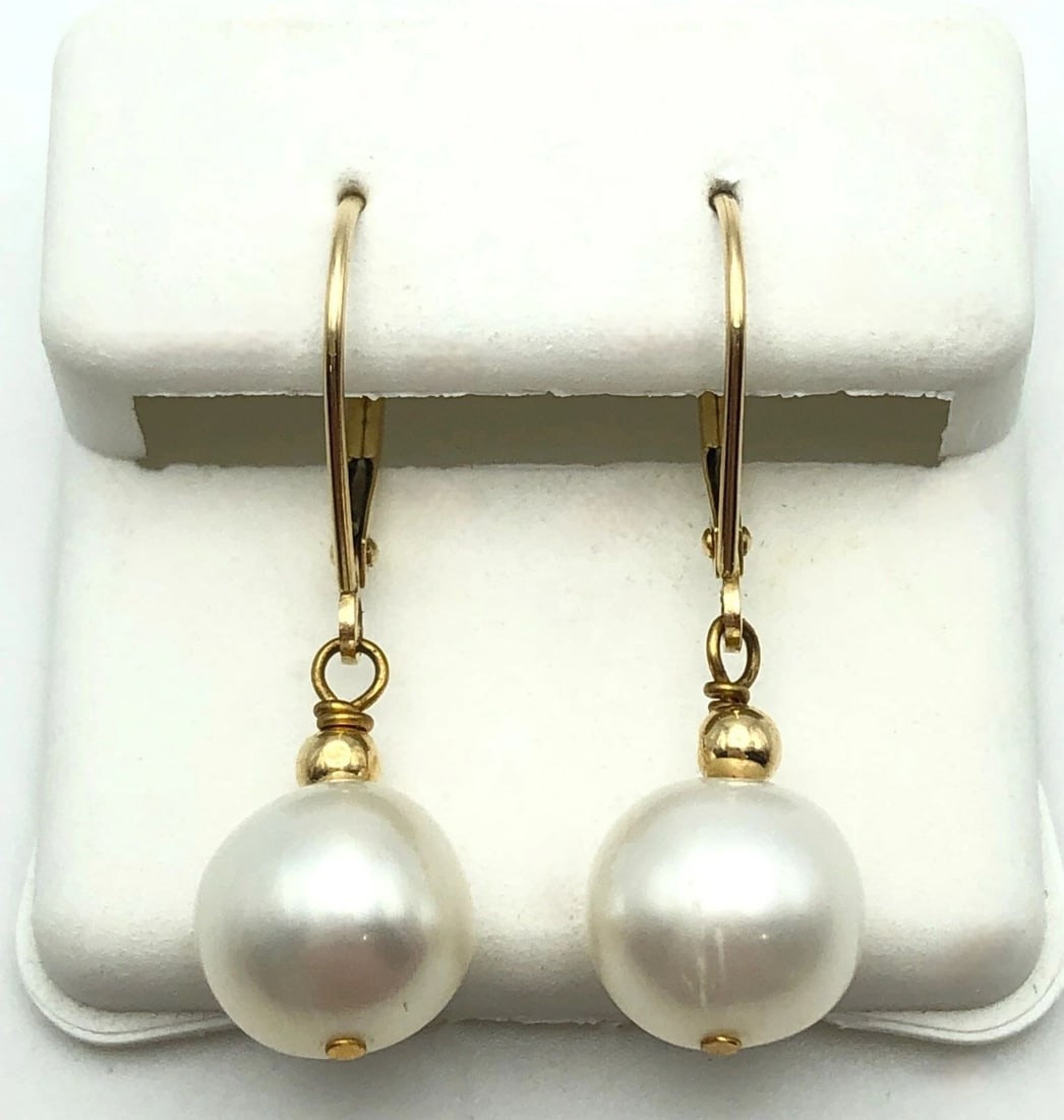 14K YELLOW GOLD DANGLE EARRINGS WITH 9MM CULTURED PEARLS 2.8 GRAMS (1 of 2)