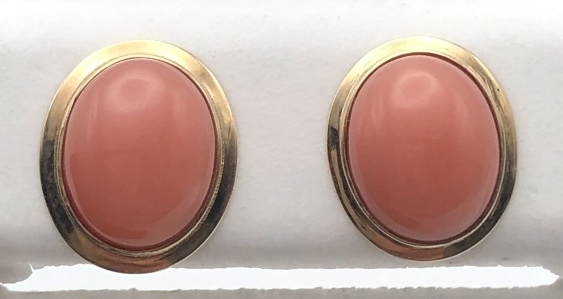 14K GOLD PUSH BACK EARRINGS, SET WITH OVAL SHAPED PINK CORAL 10X8MM (1 of 2)