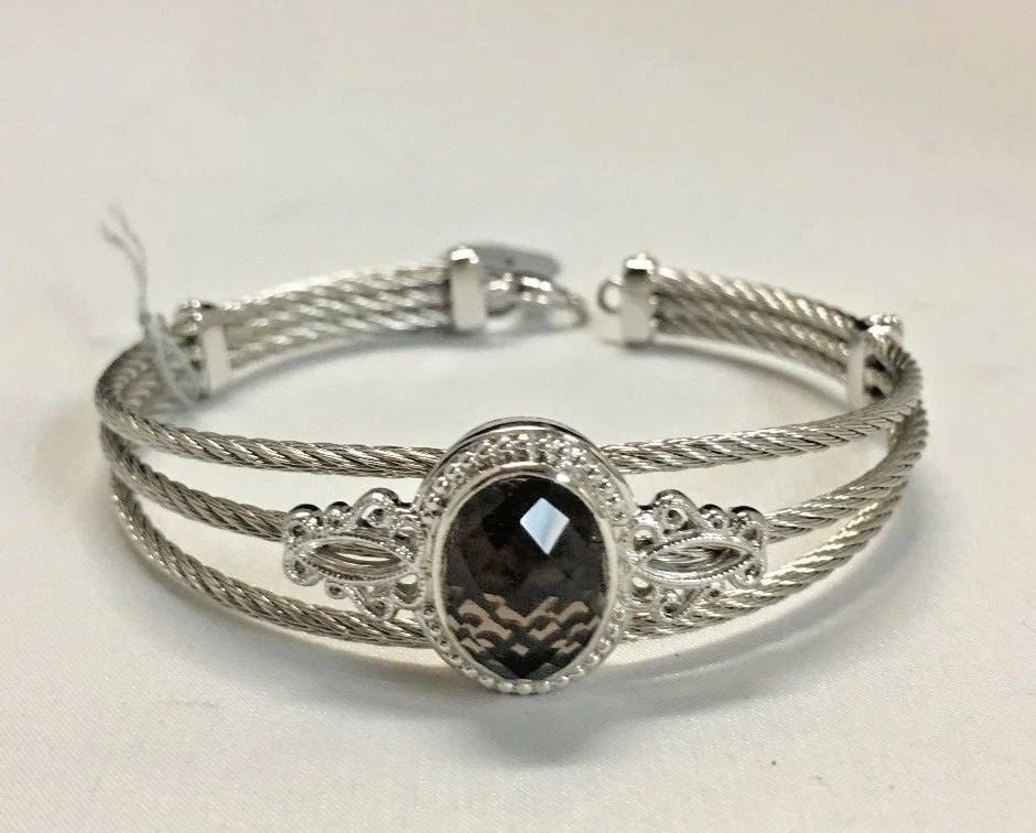 GABRIEL&CO 925 SILVER AND STEEL S067997 CUFF/BANGLE WITH SMOKY QUARTZ (1 of 2)