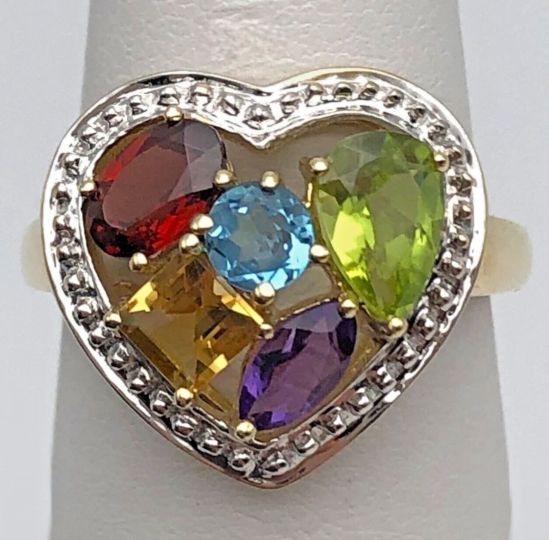 10K GOLD HEART SHAPE RING SET WITH 5 DIFFERENT COLORED GEM STONES SIZE: 7 (1 of 2)
