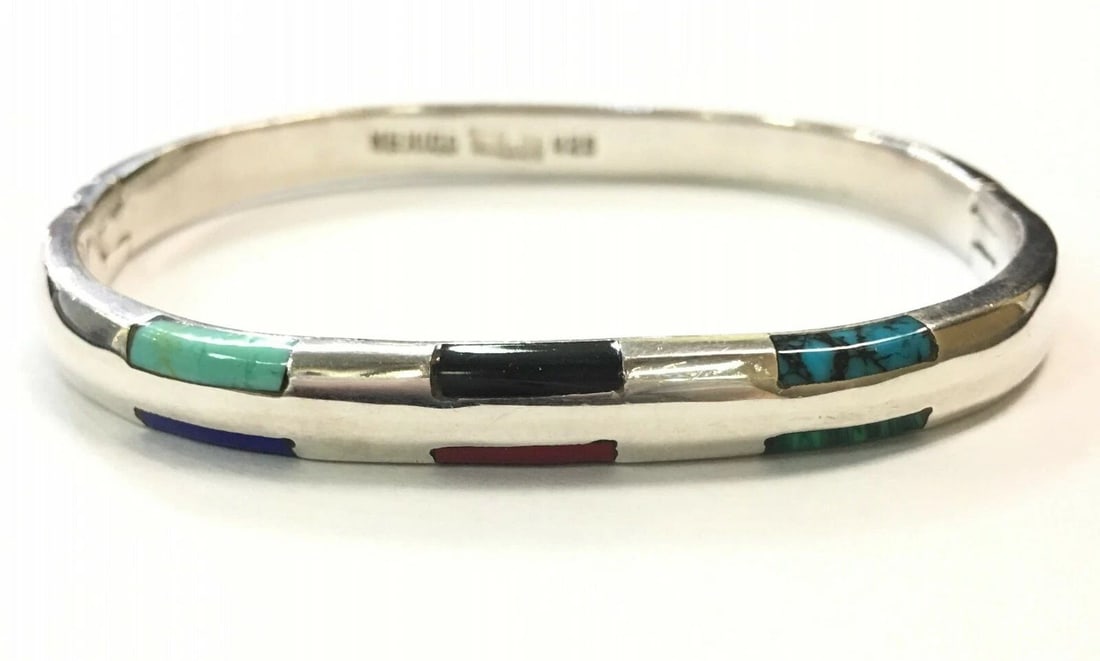 925 STERLING SILVER MEXICO SILVER MULTI STONE BANGLE (1 of 2)