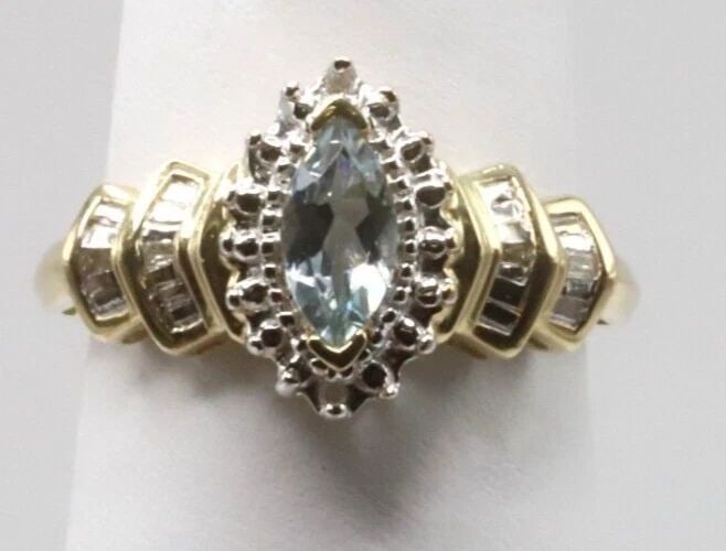 10K YELLOW GOLD RING WITH CENTER MARQUISE AQUAMARINE AND DIAMONDS SIZE: 7.25 (1 of 2)