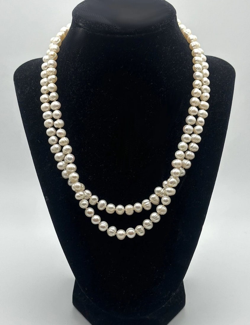 TWO ROW FRESH WATER CULTURED PEARL NECKLACE WITH 14K GOLD CLASP 17" 18" (1 of 2)