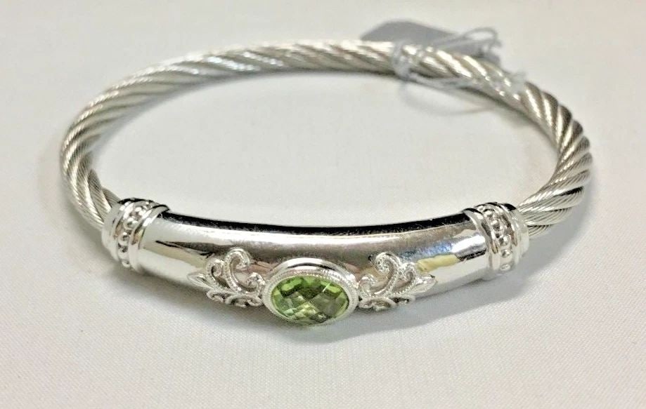 GABRIEL & CO 925 SILVER / STEEL BANGLE BRACELET S122171 WITH GREEN STONE 7 INCH: GABRIEL&CO 925/STEEL BANGLE S122171 WITH GREEN STONE Gabriel&Co 925 steel bangle 5122171 with Green Stone You are bidding on a new with defects Gabriel & Co 925/steel bangle with Green Stone. There ar