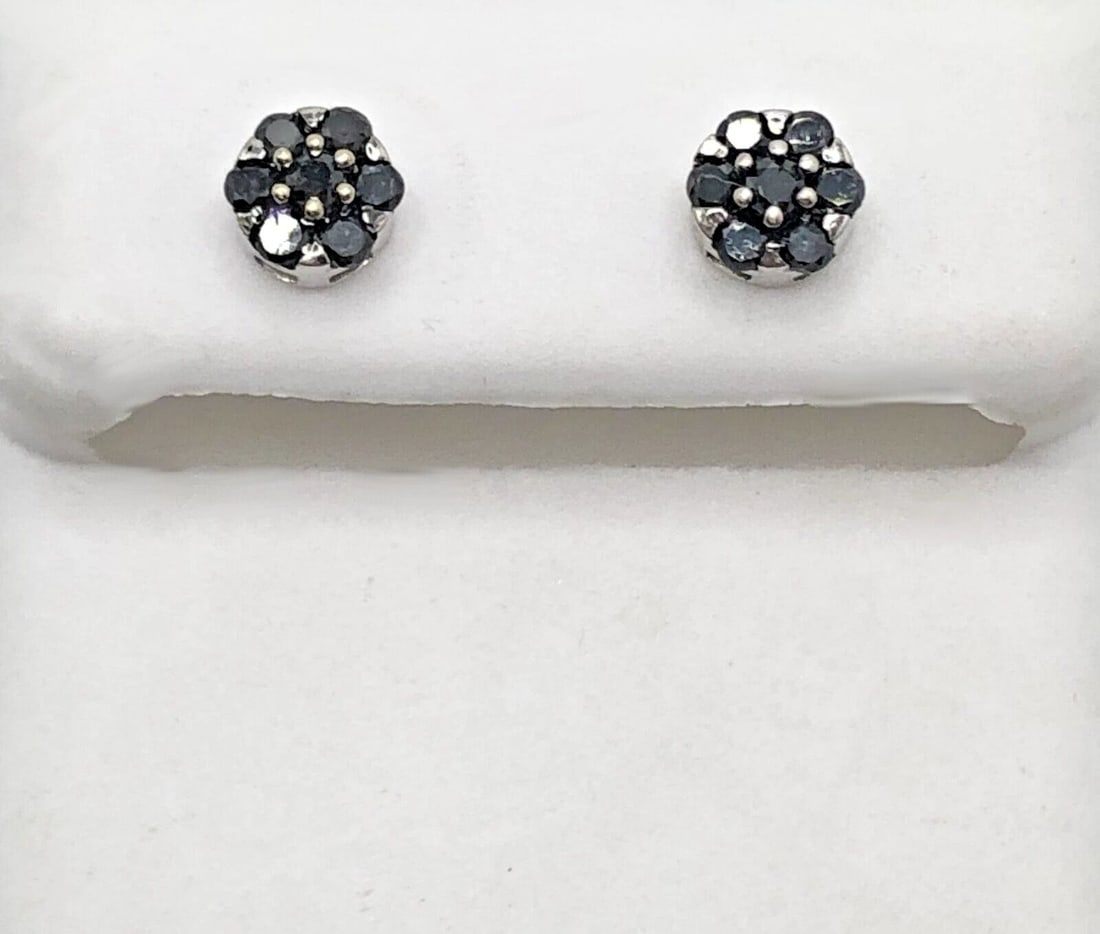 14K WHITE GOLD FLOWER HEAD STYLE EARRINGS SET WITH 0.28CTS BLACK DIAMONDS (1 of 2)
