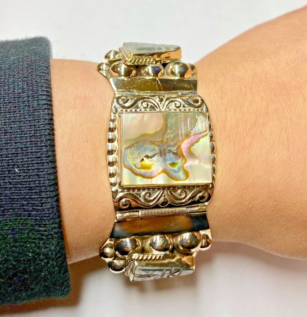 VINTAGE WOMEN’S STERLING SILVER BRACELET WITH MOTHER OF PEARL 7 INCH 54.7G (1 of 2)