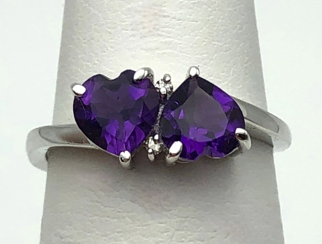 10K WHITE GOLD RING SET WITH TWO HEART AMETHYST AND 0.01CTS OF DIAMONDS (1 of 2)