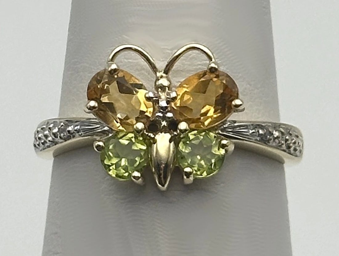 10K GOLD BUTTERFLY RING WITH CITRINE, PERIDOT AND 0.01CTS OF DIAMONDS SIZE: 7 (1 of 2)