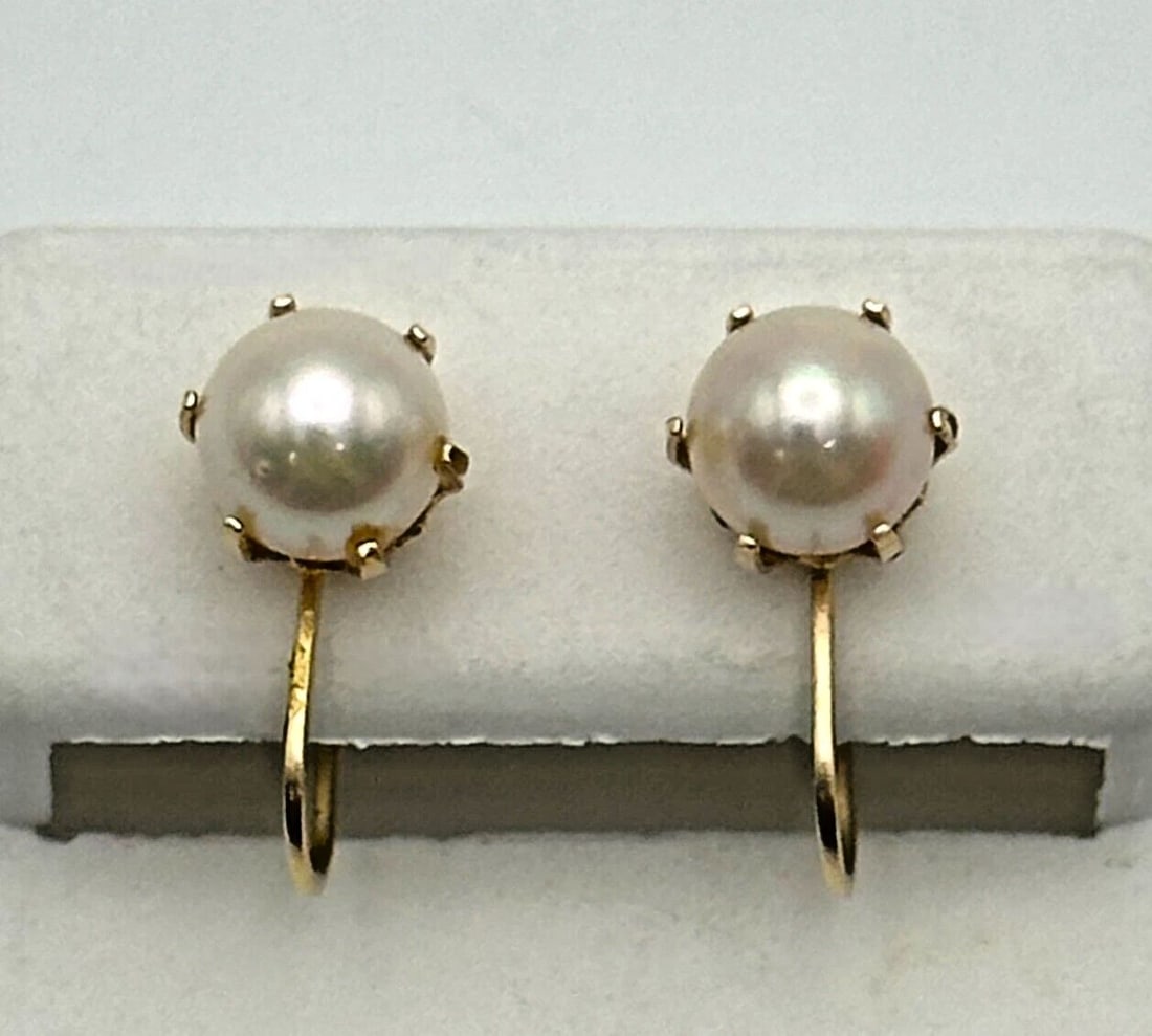 14K GOLD VINTAGE CLIP ON / SCREW BACK STYLE EARRINGS WITH CULTURED PEARLS 2.3G (1 of 2)