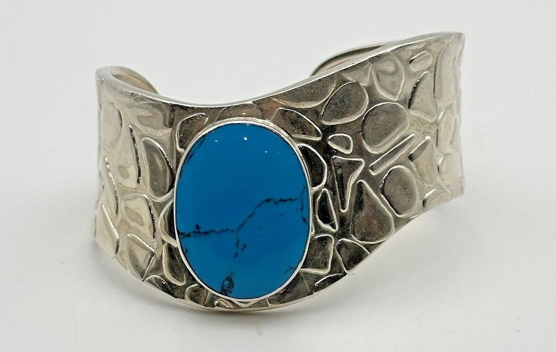 925 SILVER NUGGET CUFF BRACELET WITH LAB CREATED TURQUOISE MEXICO 33.9 GRAMS (1 of 2)