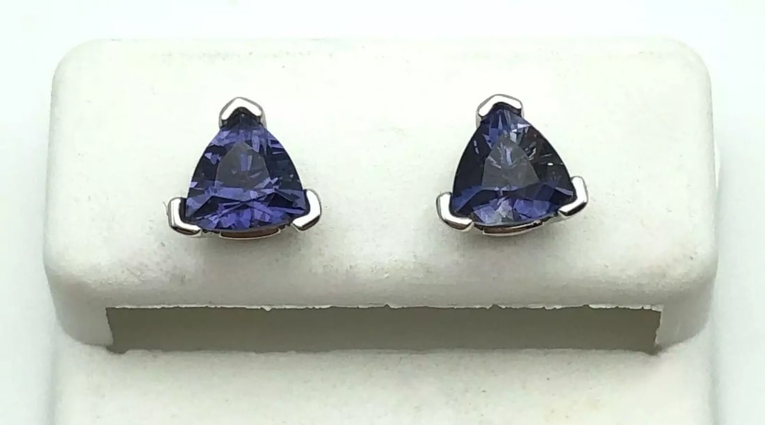 14K WHITE GOLD EARRINGS WITH TRILLION CUT IOLITE 1.4 GRAMS (1 of 2)