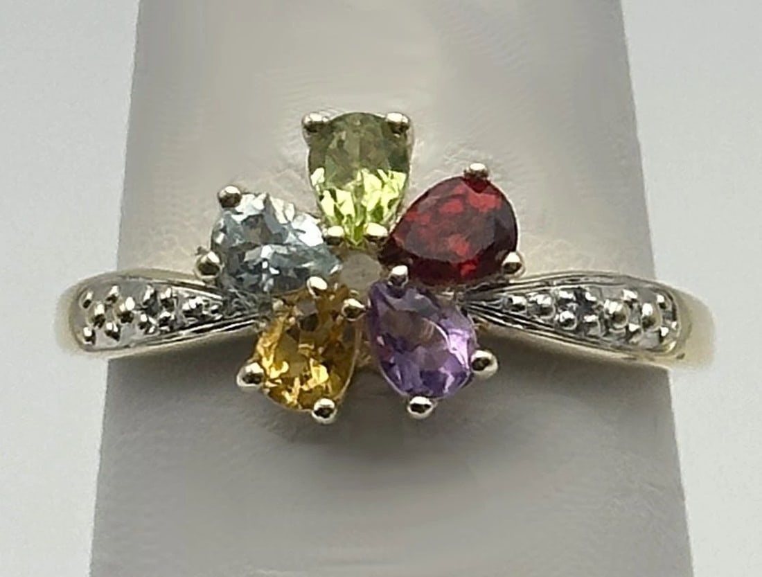 10K GOLD FLOWER RING WITH MULTI-COLORED STONES AND 0.01CTS OF DIAMONDS SIZE: 7 (1 of 2)