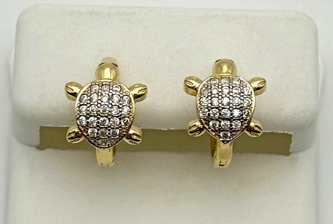 14K GOLD TURTLE HOOP EARRINGS WITH CUBIC ZIRCONIA & NATURAL RUBIES 2.3G (1 of 2)
