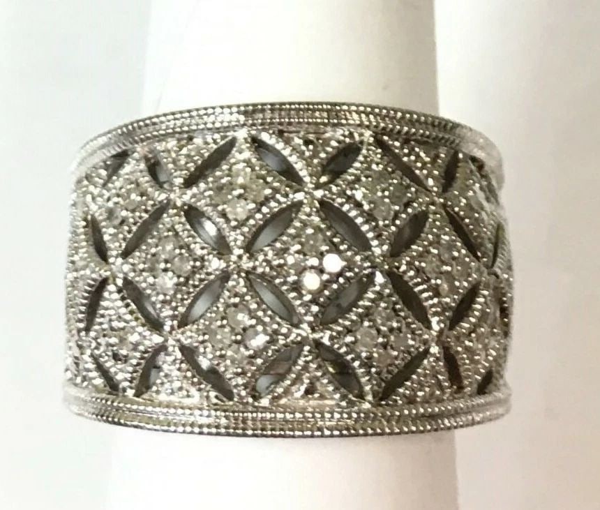 STERLING SILVER STATEMENT FILIGREE RING WITH 0.20CTS OF DIAMONDS SIZE: 7 13.5G (1 of 2)