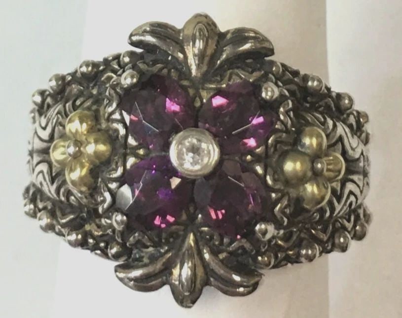 BARBARA BIXBY 925 SILVER RING, 18K ACCENTS, DIAMOND AND AMETHYST SIZE 8 14.5G (1 of 2)