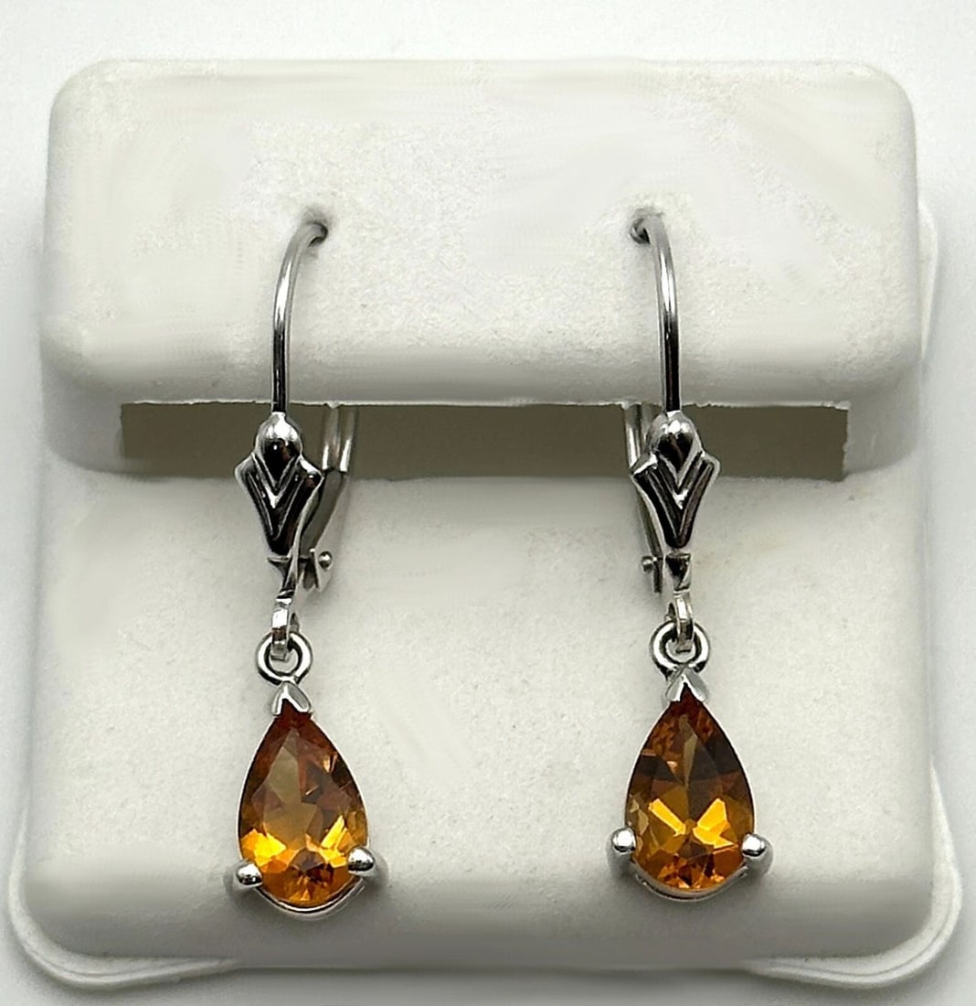 14K WHITE GOLD LEVER BACK EARRINGS WITH CITRINE STONES 2.0G (1 of 2)