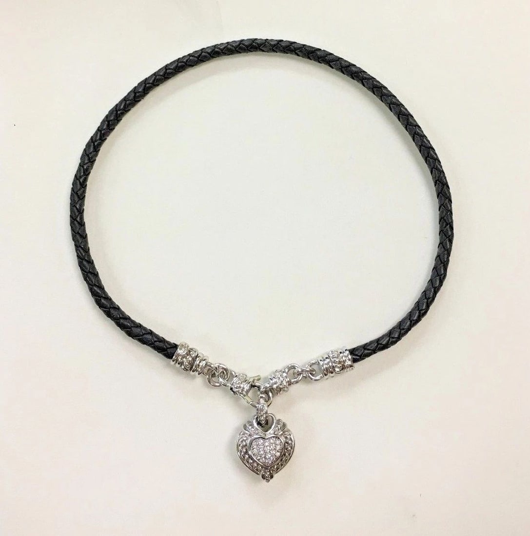 JUDITH RIPKA MAGNETIC BLACK LEATHER NECKLACE STERLING DIAMONIQUE HEART PENDANT (1 of 2)