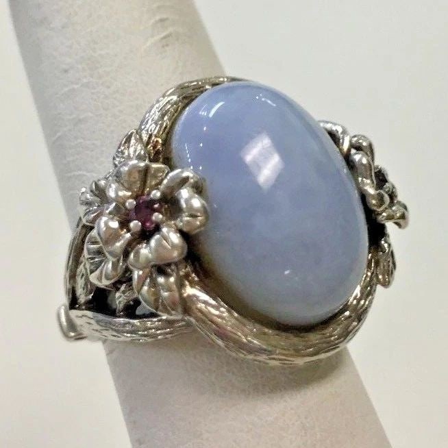 STERLING RING WITH LIGHT BLUE AGATE STONE AND GARNETT SIDES, SIZE (5) (1 of 2)