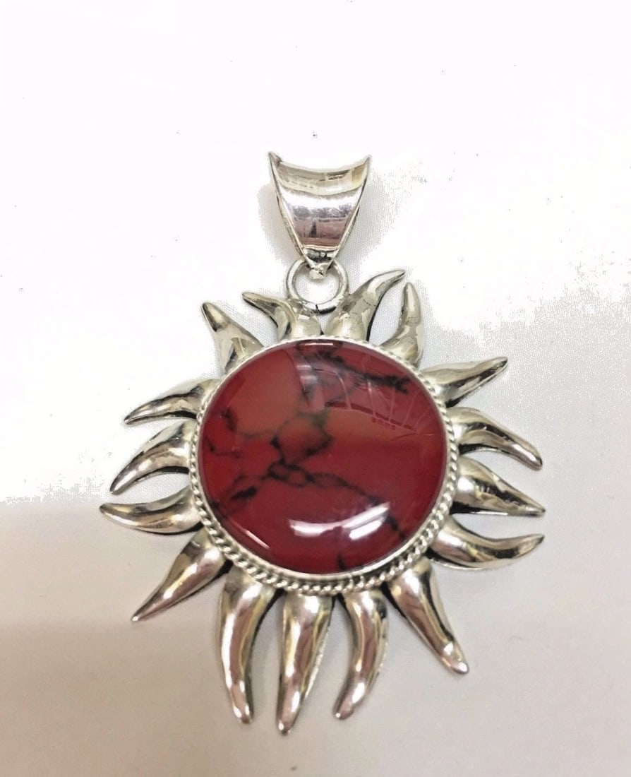 VINTAGE SUN PENDANT 950 SILVER WITH RED GEM STONE 38G (1 of 2)