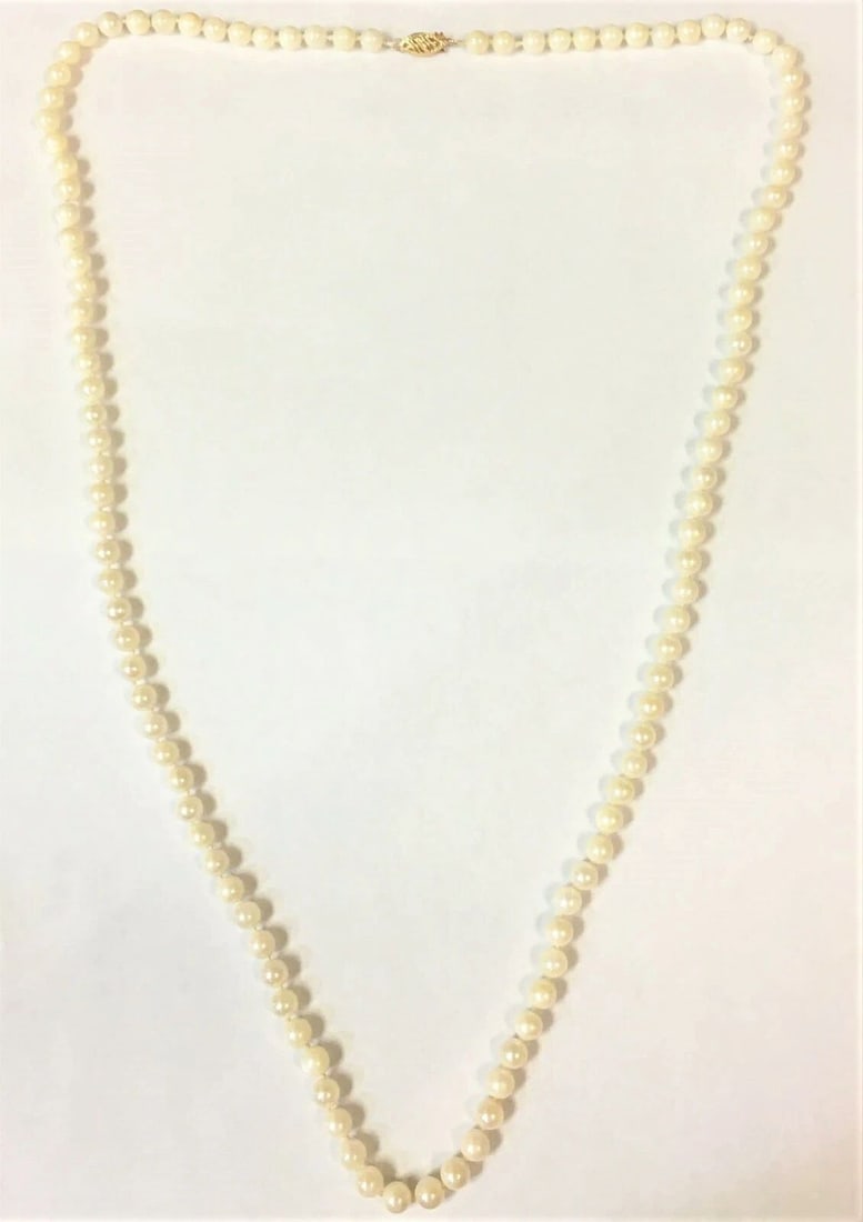 WHITE PEARL NECKLACE WITH 14K GOLD CLASP (28.5 INCHES LONG) (1 of 2)